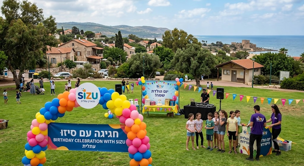 הדמיית מסיבת יום הולדת בעתלית עם סיזו. מתחם הפעלה מעוצב בפארק עתלית, עם נוף לים ולמבצר עתלית ברקע.